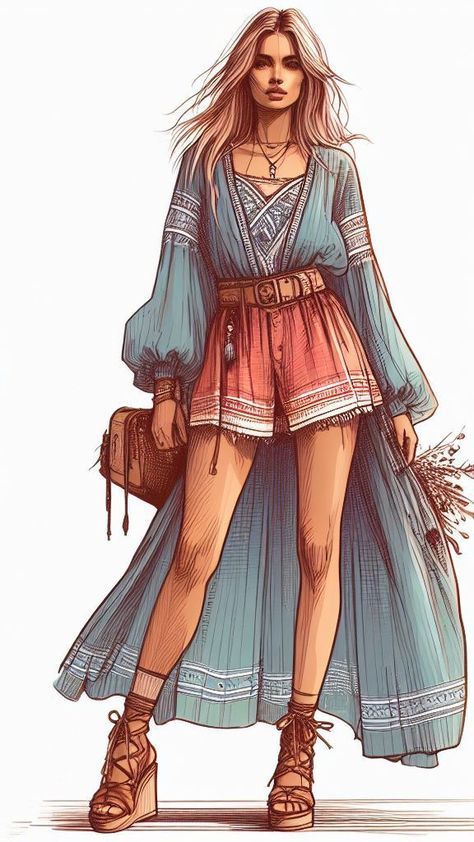 Beach Style Outfit, Fashion Model Sketch, Fashion Illustrations Techniques, Boho Summer Outfits, Bohemian Style Clothing, Bohemian Vibes, Fashion Design Patterns, Fashion Design Collection, Dresses Formal Elegant