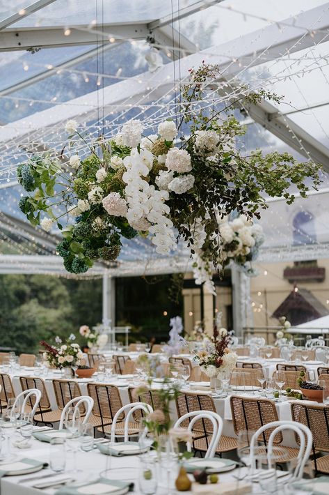 Hanging Floral Cloud Wedding, White And Green Hanging Floral Installation, Flower Ceiling Installation Wedding, White Floral Hanging Installation, Overhead Floral Installation, Aerial Floral Installation Wedding, Hanging Floral Chandelier Wedding, Flowers On Chandelier Wedding, Hanging Flower Installation Wedding