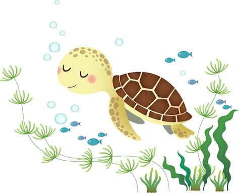 Cute cartoon sea turtle swimming | Premium Vector #Freepik #vector #sea-turtle #turtle #cute-turtle #ocean-animals Pictures Of Sea Creatures, Cartoon Sea Turtle, Cute Turtle Cartoon, Sea Turtle Drawing, Sea Turtle Swimming, Turtle Silhouette, Cute Tortoise, Mermaid Cartoon, Turtle Drawing