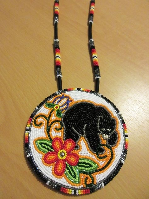 Use bear at sides of river for back yoke. Floral bear. wow adoration to the amazing artist Beaded Bear Paw Medallion, Beaded Bear Medallion, Bear Beading Patterns, Beading Patterns Earrings, Beaded Medallion Native American, Bear Medallion, Beaded Bear, Ojibwe Floral, Free Beading Patterns