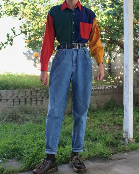 Artsy Outfit Aesthetic Men, Casual Colorful Outfits Men, 80s Masculine Fashion, Male Art Teacher Outfits, Colourful Masculine Outfits, Art Teacher Outfits Men, Masc Vintage Outfits, Colourful Male Outfits, Colorful Nonbinary Outfits