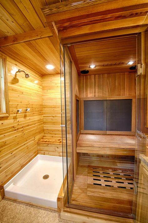 stunning-tiny-house-vacation-with-sauna-hope-cottage-christopher-tack-006 Diy Sauna, Sauna Shower, Tiny House Vacation, Cottage Tiny House, Sauna Diy, Minimalist Bathroom Design, Bathroom Tub Shower, Bathroom Shower Design, Sauna Design