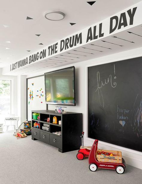 Adding a framed chalkboard wall in a kids bedroom creates a fun, unique way to customize the room as the child grows. Black And White Playroom, Chalkboard Wall Kids, White Playroom, Loft Playroom, Chalkboard Wall Bedroom, Tv Nook, Boys Room Design, Entertainment Center Redo, Boys Playroom