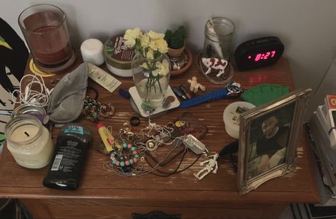 Messy Nightstand, Messy Nightstand Aesthetic, Messy Makeup Desk Aesthetic, Messy But Organized Aesthetic, Cluttered Dresser Top Aesthetic, Messy Bedside Table Aesthetic, Girl Bedside Table, Messy Room, Future Apartment