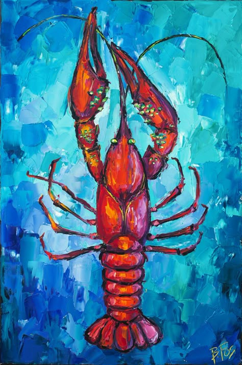 Original B.Fos Artwork – 24x36 – Oil on Canvas  Available in Paper and Canvas Prints Summer Themed Paintings On Canvas, Becky Fos Art, Crawfish Painting, Crawfish Art, Louisiana Artwork, Lobster Painting, Abstract Fish Painting, Seafood Art, Paintings Nature