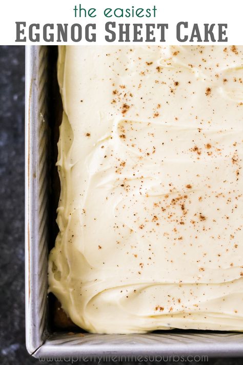 This Easy Eggnog Sheet Cake is made using a boxed Golden Cake Mix as the base. Topped with a delicious and creamy Eggnog Frosting. Classic eggnog flavour. Sheet Pan Carrot Cake, Carrot Cake With Coconut, Eggnog Cake Recipe, Eggnog Frosting, Holiday Cake Recipes, Eggnog Dessert, Classic Eggnog, Coconut Cream Cheese, Coconut Cream Cheese Frosting