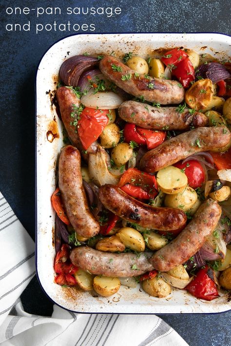 Full Recipe >> https://theforkedspoon.com/sausage-and-potatoes-recipe Sweet Italian Sausage Recipes, Roasted Sausage, Sausage And Potatoes, Sausage Recipes For Dinner, Sausage Dinner, Italian Sausage Recipes, Sausage Dishes, Sausage Potatoes, Sweet Italian Sausage