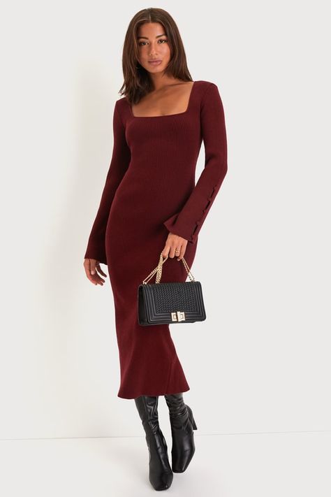 Bring chic energy everywhere you go in the Lulus Classy Attitude Burgundy Ribbed Square Neck Midi Sweater Dress! Soft and stretchy ribbed knit shapes this sweater dress with a square neckline framed by long sleeves with decorative covered button details along the slightly flared, split cuffs. The figure-hugging silhouette flaunts your curves just right before ending at a sophisticated midi hem. Kick pleat at the back allows for movement all day long. Fit: This garment fits true to size. Length: Midi Dress Coat, Holiday Festive Attire, Clothes For Women With Broad Shoulders, Winter Shower Guest Outfit, Winter Dresses For Women For Party, Burgundy Dress With Boots, Midi Dress With Boots Winter, Burgundy Dress Outfit Winter, Winter Cocktail Attire