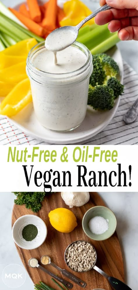 Healthy vegan ranch dressing made without oil or nuts! #nutfree #veganranch #wfpb #oilfree #glutenfree Oil Free Salad, Vegan Salad Dressings, Vegan Salad Dressing Recipes, Oil Free Salad Dressing, Vegan Dressings, Vegan Ranch Dressing, Vegan Salad Dressing, Vegan Dips, Vegan Dressing