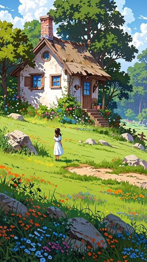 Village Scenary Drawings, Scenary Paintings Acrylic, Anime Cottage, Anime Village, Himi Gouache, Aesthetic Reel, Cartoon Landscape, Illustration Landscape, Dreamy Artwork