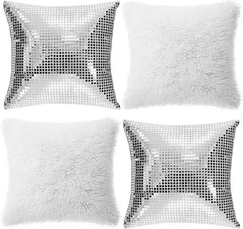 Amazon.com: HunnmingRe 4 Pcs Silver Disco Ball and White Fluffy Pillow Cases 18x18 Inch Decorative Plush Pillow Case Glitter Square Cushion Covers for Couch Sofa Bedroom Car Home Disco Party Decorations : Home & Kitchen Disco Pillow, 90s Disco Party, White Fluffy Pillow, 90s Disco, Last Disco Bachelorette, Silver Disco Ball, Bedroom Board, Ball Pillow, Last Disco