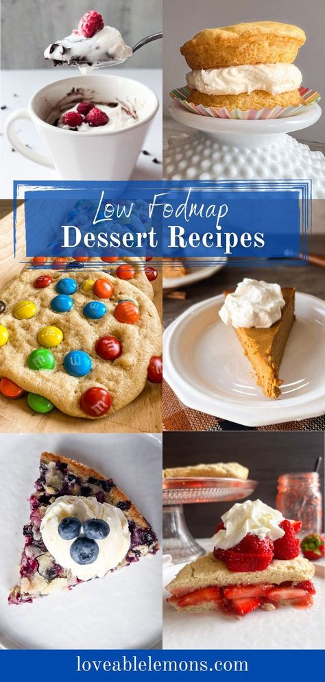 six photos showing examples of recipes. Low Fodmap Dessert Recipes, Fodmap Dessert Recipes, Low Fodmap Dessert, Crustless Pie, Low Fodmap Desserts, Fodmap Desserts, Low Fodmap Snacks, Fodmap Snacks, Low Fodmap Diet Recipes