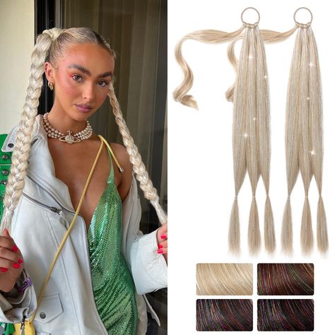 PRICES MAY VARY. 💖Natural and Soft - Our SEIKEA 26" braid ponytail extension blend glitter hair tinsel is crafted from premium synthetic fiber hair, making the hair strands natural and soft. Length: 26 inches/66cm, Weight: 130g/4.6oz. (Warm Tips: After the braid hair extension is braided, the length will be shortened a bit. 26"/66cm, after braided 23"/58cm;) 💖DIY Versatile Ponytail Hairstyles - The long braid hair extensions are super versatile for endless days of hair bliss. This braid extens Rave Hair Extensions, Long Braid Hair, Hair Extensions Ponytail, Extensions Ponytail, Braid Ponytail, Rave Hair, Bubble Ponytail, Hair Tinsel, Hair Strands