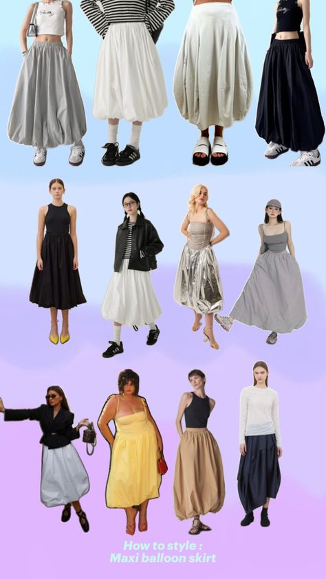 A Pinterest moodboard displaying different ways to style maxi balloon skirts. The collage includes outfits with maxi balloon skirts paired with crop tops, casual tees, blazers, and a variety of accessories. The styles range from casual and sporty to chic and elegant, showcasing versatile looks for different occasions. Crop Tops Casual, Balloon Skirt, Casual Tees, Cycling Fashion, Tops Casual, Elegant Accessories, Styling Tips, Casual Tee, How To Style