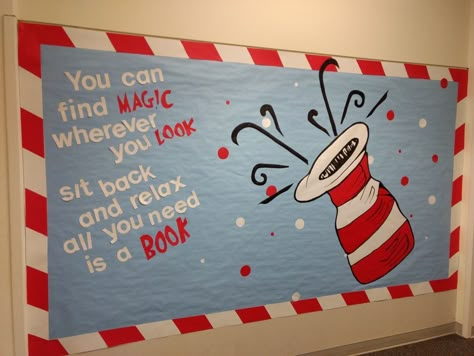 Dr Suess Library Bulletin Board Ideas, Dr Seuss Reading Bulletin Board, Dr Seuss Birthday Bulletin Board Ideas, Dr Seuss Library Ideas, Dr Seuss Library Decorations, Dr Seuss Classroom Decor, Dr Seuss Decorations School, Read Across America Bulletin Board Ideas, March Reading Bulletin Board Ideas