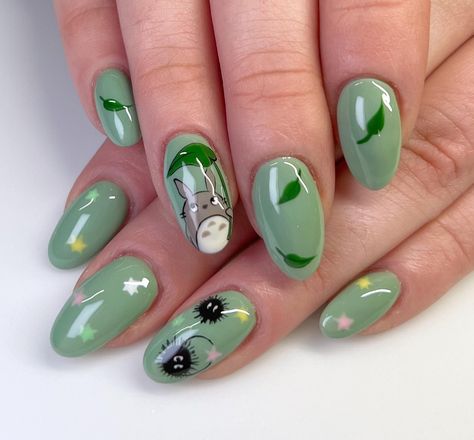 Studio Ghibli nails are always a must 🍃🌟 #handpaintednailart #luxapolish #luxaaf #luxagang #dallasnailtech #dallasnails #gelmanicure… | Instagram Totoro Nails Designs, Studio Ghibli Nail Designs, Ghibli Studio Nails, Ghibli Nail Designs, Totoro Nails Studio Ghibli, Ghibli Inspired Nails, Studio Ghibli Nails Simple, Princess Mononoke Nails, Studio Ghibli Inspired Nails