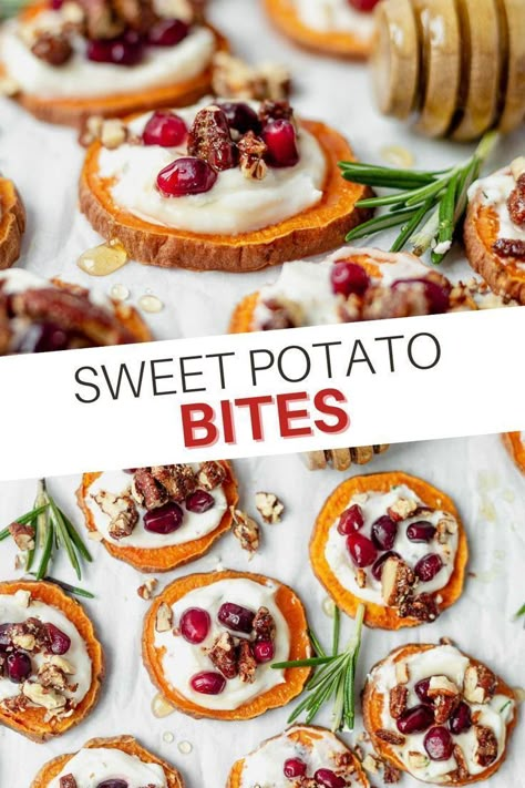 This healthy and delicious appetizer will be the star of the show this Thanksgiving and holiday season. This easy appetizer features sweet potato, honey, goat cheese and pecans for a sophisticated flavor that is addictive. They're both sweet and savory and seasoned with rosemary and cinnamon. This classic appetizer is sure to be a hit. Sweet Potato Appetizers, Honey Goat Cheese, Sweet Potato Bites, Potato Appetizers, Sweet Potatoe Bites, Pomegranate Recipes, Creamy Goat Cheese, Fall Appetizers, Classic Appetizers