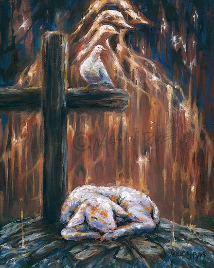 Stunning painting of a lamb sleeping next to a cross, surrounded by a night sky resembling fire. A white dove sits on the cross and is surrounded by dove shapes echoing up into the sky. This piece has particular symbolic meaning for Christians, where the lamb represents Jesus Christ who sacrificed his life on the cross for our salvation, and the Holy Spirit is represented by the dove and fire, which are seen raining down onto the earth below. Spirit And Rain, Inspirational Paintings, Church Painting, Sleeping Drawing, Oil Painting Inspiration, Coat Of Many Colors, Christian Artwork, Religious Painting, The Dove