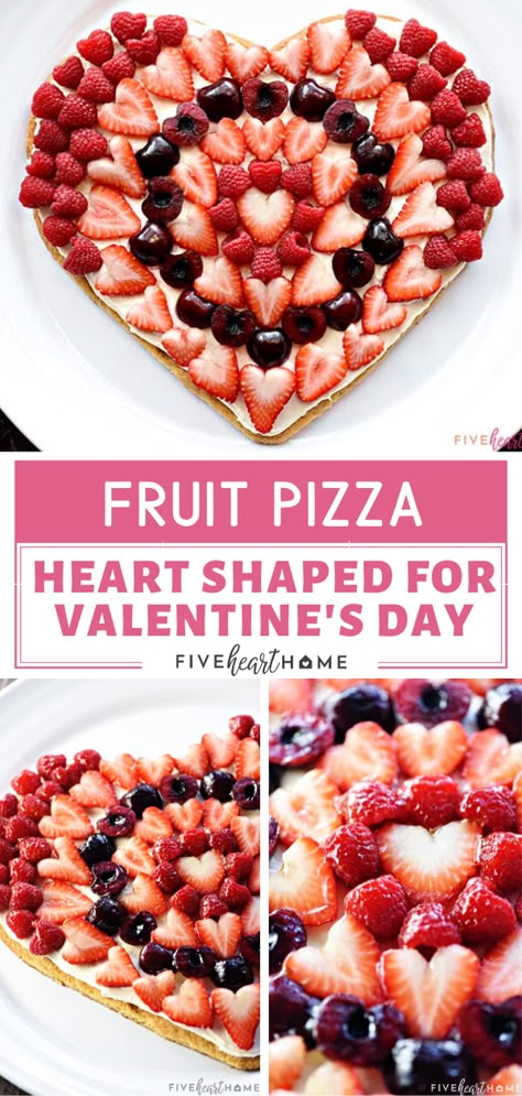 Fruit For Valentines Day Party, Fruit Pizza Valentines Day, Valentines Foods Easy, What To Make For Valentines Dinner, Heart Shaped Fruit Pizza, Heart Fruit Pizza, Valentines Dips Food, Valentine's Day Desserts For Kids, Valentine Breakfast For A Crowd