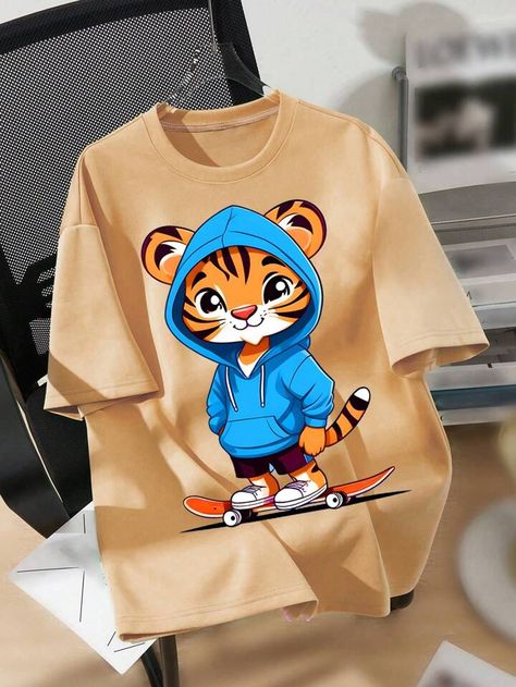 Tween Boy Casual Cartoon Tiger Printed Short Sleeve Crewneck T-Shirt, Suitable For Summer | SHEIN USA T Shirt Trends 2024, Tiger Print Shirt, Photoshop Keyboard, Cartoon Tiger, Shirt Refashion, Crochet Shirt, Shirts Design, Tee Shirt Designs, Cartoon T Shirts