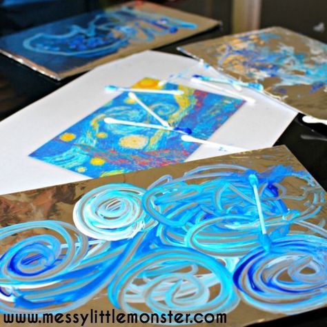 Van Gogh 'Starry Night' inspired painting on foil art activity ideas for kids. #kidsart #paintingwithkids #kidsactivities #paintprojects #paintedart #kidspaint Painting On Foil, Starry Night Art, Inspired Painting, Art Activity, Homeschool Art, Foil Art, Kindergarten Art, Toddler Art, Camping Art