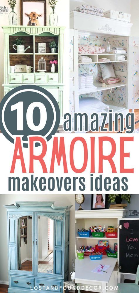 Today I’m sharing with you 10 amazing armoire makeover ideas you can do yourself! We all probably have these old furniture pieces at home . . . you know the ones with good bones and lots of storage space, but maybe just not so nice to look at anymore? Whether you’re looking to make over an antique armoire or a newer, mass-market piece, this post is full of great ideas for how to give that old armoire of yours a new life. Click through for you 10 inspiring ideas. Corner Armoire Repurpose, Amoire Paint Ideas, Diy Old Wardrobe Makeover, Update Armoire Furniture Makeover, Wardrobe Repurpose Ideas, Chalk Painted Armoire Ideas, Old Tv Armoire Makeover, Painting Armoire Ideas Diy, Painting A Wardrobe