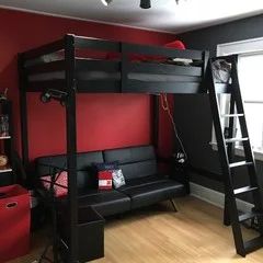 IKEA Stora loft bed with 8' ceiling Loft Bed With Chairs Underneath, Loft Bed Kid, Loft Bedrooms Ideas, Boy Loft Bedroom Ideas, Loft Bed With Couch Underneath, Diy Loft Bed For Teens, Black Loft Bed, Red And Black Room, Bedroom Design For Men