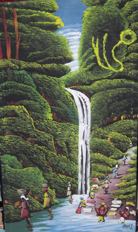 original oil painting from Haiti about 18*22 inches available at http://www.lakaycollection.com/#!shop--cart/cj1h Haitian Culture Art, Haitian Art Paintings, Haitian Artist, Haiti Paintings, Haiti Nature, Haiti Mountains, European Ancestry, Waterfall Art, Haitian Art