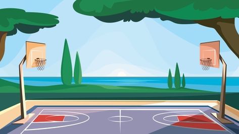 Basketball Court Cartoon, Basketball Court Landscape, Basketball Background Landscape, Basketball Court Drawing, Basketball Court Illustration, Basketball Landscape, Court Drawing, Family Drawing Illustration, Basketball Street