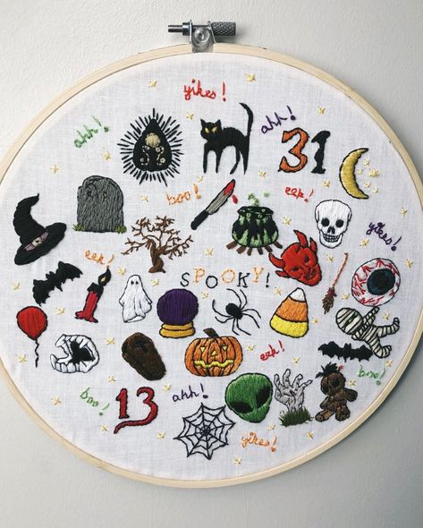 Handmade embroidery art of 31 Days of Halloween! Very spooky! This is an original embroidery, hand-stitched by me on cotton fabric in a 9" wooden embroidery hoop.  The perfect piece of art for any wall or shelf. *Direct message me to inquire about free shipping. Vintage Halloween Embroidery, Embroidery Patterns Halloween, Halloween Embroidery Patterns, Horror Embroidery, Hoop Art Wall Decor, Spooky Embroidery, Embroidery Halloween, Hoop Art Wall, Wooden Embroidery