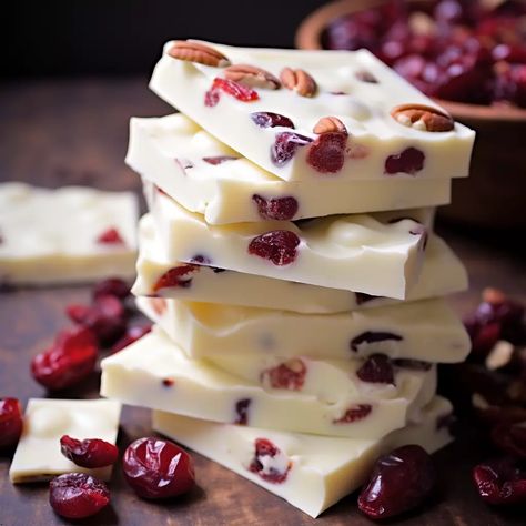 Cranberry White Chocolate Bark Cranberry Almond Bark, White Bark Candy Holiday Treats, Cranberry Bark White Chocolate, White Chocolate Cranberry Bark, White Chocolate Almond Bark, Cranberry Bark, White Chocolate Snack Mix, White Chocolate Bark Recipes, Cranberry And White Chocolate