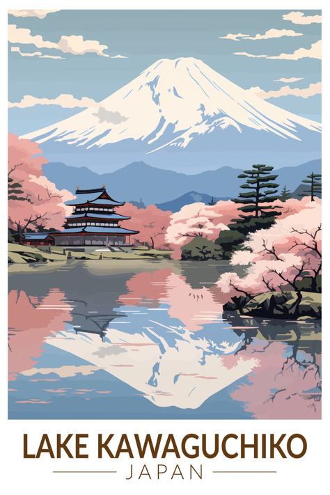 Retro-inspired poster of Lake Kawaguchiko, Japan, featuring the serene lake and Mount Fuji in the background, in a vintage art style. Ideal for collectors and decor. Kawaguchiko Japan, Lake Kawaguchiko, Potential Wallpaper, Digital Bujo, Japanese Travel, Bujo Ideas, Japanese Landscape, Japan Aesthetic, Mount Fuji