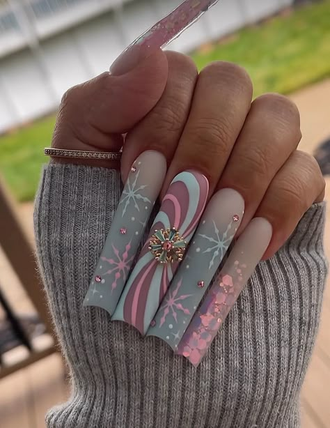 Pastel Long Nails, Nails For Anniversary, Pink And Blue Christmas, Christmas Nail Inspo, Milky Nails, 2024 Nails, Winter Nails Acrylic, Girly Acrylic, Nail Care Tips