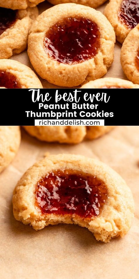 These one bowl peanut butter thumbprint cookies are soft and flavorful and are filled with a strawberry jam filling. Peanut Butter And Jelly Thumbprints, Peanut Butter And Jelly Cookies Easy, Strawberry Thumbprint Cookies, Butter Thumbprint Cookies, Peanut Butter Thumbprint Cookies, Holiday Recipes Christmas Desserts, Coconut Pecan Cookies, Easter Cookie Recipes, Thumbprint Cookie