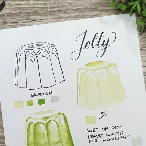 How To Draw Jelly, Transparent Watercolor, Jelly Drawing, Jelly Gouache, Jelly Fish Watercolor Paintings, Himi Jelly Gouache, Watercolor Food Illustration, Dessert Illustration, Cake Illustration