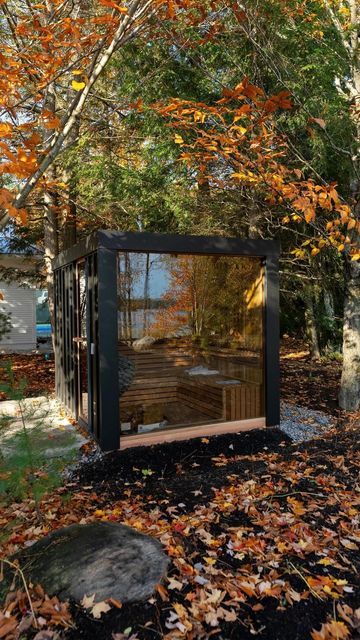 The Muskoka Sauna Company on Instagram: "The Neptune Sauna. Its distinctive design features a full glass front wall, full-view glass door, modern black metal exterior siding and a grand interior. Seats up to six in our premium two-tier L bench seating. #saunadesign #athomesauna #saunalife #premiumsauna #cedarsauna" Grand Interior, Sauna Design, Front Wall, Bench Seating, Exterior Siding, Bench Seat, Glass Door, Black Metal, Design Features