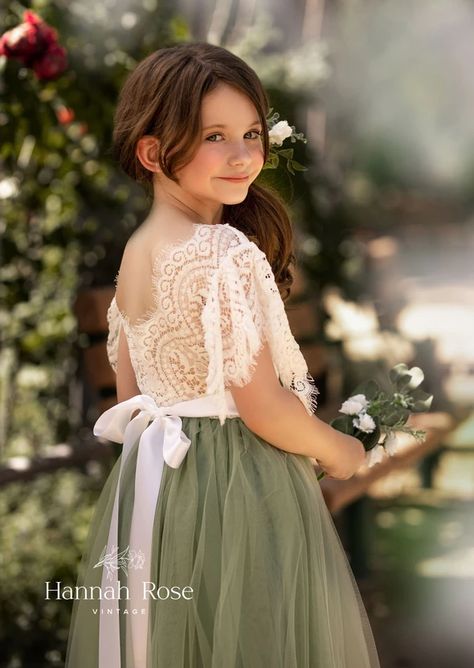 SAGE RUSTIC TULLE SHORT SLEEVE FLOWER GIRL DRESS – Hannah Rose Vintage Boutique Sage Green Flower Girl Dress, Green Flower Girl Dress, Full Length Tulle Skirt, Green Flower Girl Dresses, Burgundy Flower Girl Dress, Vintage Flower Girls, Sage Green Flowers, Tulle Skirt Dress, Boho Flower Girl