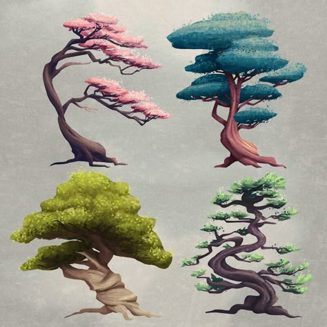 ArtStation - Stylized trees study, Giulia Sfogliarini Magic Tree Concept Art, Green Silhouette, Stylized Trees, Ear Tattoo Ideas, Fantasy Tree, Tree Study, Landscape Concept, Bonsai Art, Minimalist Tattoos