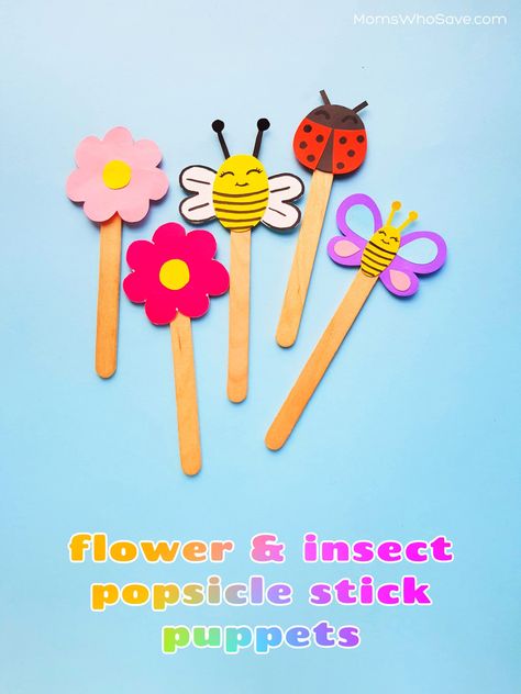 Popsicle Stick Animals, Popsicle Stick Flowers, Stick Puppets For Kids Free Printable, Insect Puppets, Stick Puppets For Kids, Popsicle Puppets, Popsicle Stick Puppets, Popsicle Craft, Stick Puppet