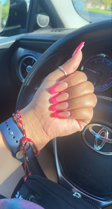 Hot Pink Nails With Initial, Hot Pink Nails Acrylic French Tips, Pink Nails Acrylic French Tips, French Tip With Hot Pink, Hot Pink French Acrylic Nails, Nails 2023 Trends Pink French, Pink French Tip Nails Hot Pink, Deep Pink French Tip Nails, French Nails Hot Pink