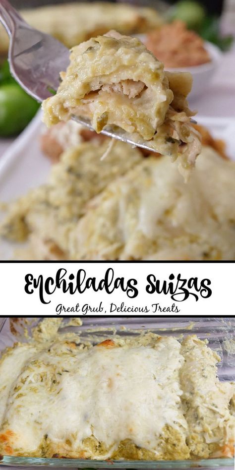 A double photo collage of enchiladas in a casserole dish. Chicken Enchilada Suiza Recipe, Enchilada Suizas, Chicken Enchiladas Suiza, Creamy Green Sauce, Enchiladas Suizas, Chicken Enchiladas Recipe, Turkey Enchiladas, Recipes With Flour Tortillas, Enchilada Recipe