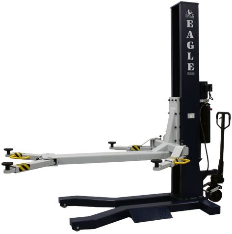 MOBILEMAN® single-column pallet jack style mobile lift from Eagle. This lift features single-point lock release, 4 truck adapter sets, and maneuverability. Single Post Car Lift, Ductless Heating And Cooling, Mobile Car Lift, Hydraulic Car Ramps, Two Post Car Lift, Garage Car Lift, Portable Car Lift, Auto Lift, Two Post Lift