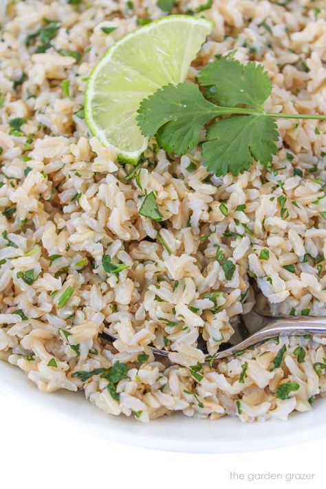 Cilantro Lime Brown Rice (Easy Recipe!) - The Garden Grazer Lime Brown Rice, Cooking Sweet Corn, Cilantro Lime Brown Rice, Garden Grazer, Spinach Enchiladas, Corn Salsa Recipe, Cilantro Rice, Homemade Enchilada Sauce, Homemade Enchiladas