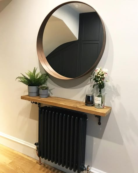 Rustic Hallway Table, Hallway Shelf, Radiator Shelf, Rustic Hallway, Rustic Wooden Shelves, Hallway Mirror, Hallway Inspiration, Narrow Hallway Decorating, Hallway Designs