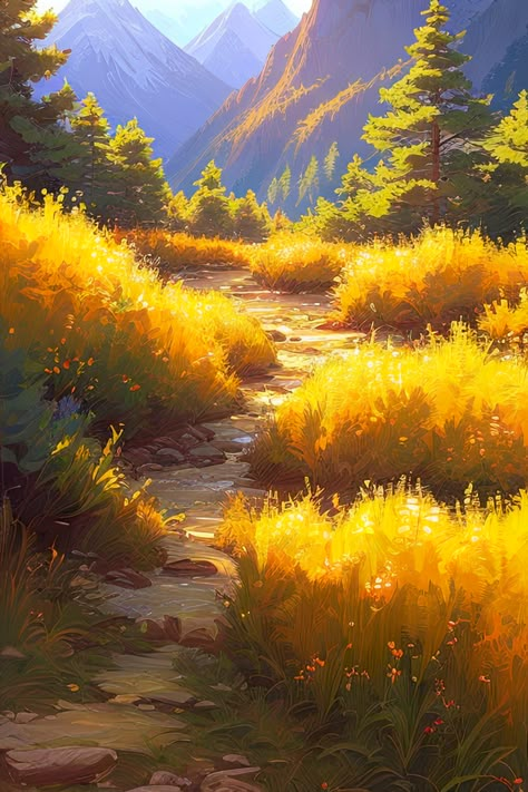 A picturesque path winds its way up a gentle hill, its surface adorned with a vibrant carpet of yellow grass, creating a captivating sight of natural beauty. This digital artwork captures the serene and inviting scene as the path beckons you to embark on a journey through the golden landscape. Each step along the path reveals a breathtaking vista of rolling hills and clear blue skies. Yellow Digital Art, Path Drawing, Hill Background, Path Illustration, Grass Aesthetic, Grass Path, Yellow Mountains, Golden Landscape, Path Way