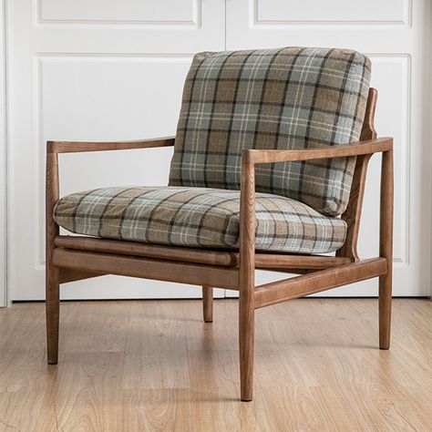 Corrigan Studio Mariet - Wayfair Canada Storybook Cabin, Plaid Accent Chair, Plaid Furniture, Plaid Chair, Eight Mile, Conversation Area, Vintage Armchair, Wooden Armchair, Upholstered Armchair