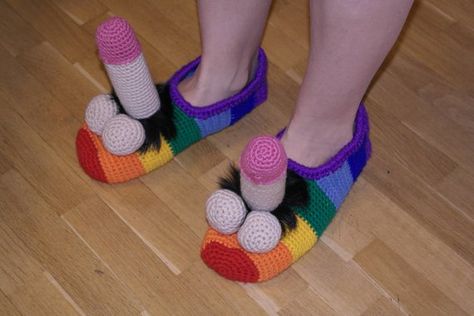 Cursed Crochet, Bad Crochet, Crochet Weird, Novelty Crochet, Rainbow Slippers, Funny Slippers, Gay Best Friend, Mens Shoes Casual, Funny Shoes