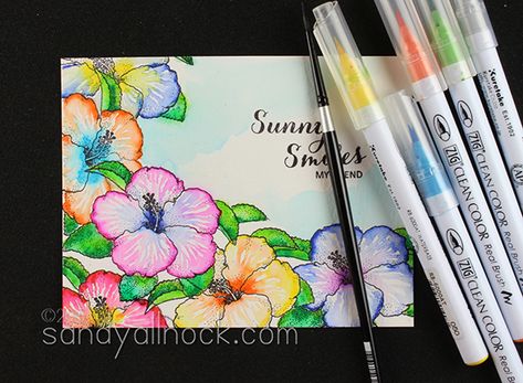 Watercolor Hibiscus - Zig Clean Color Pens Watercolor Markers Tutorials, Watercolour Markers, Twin Markers, Water Color Markers, Colour Brush, Watercolor Brush Pens, Watercolor Pens, Sandy Allnock, Brush Watercolor