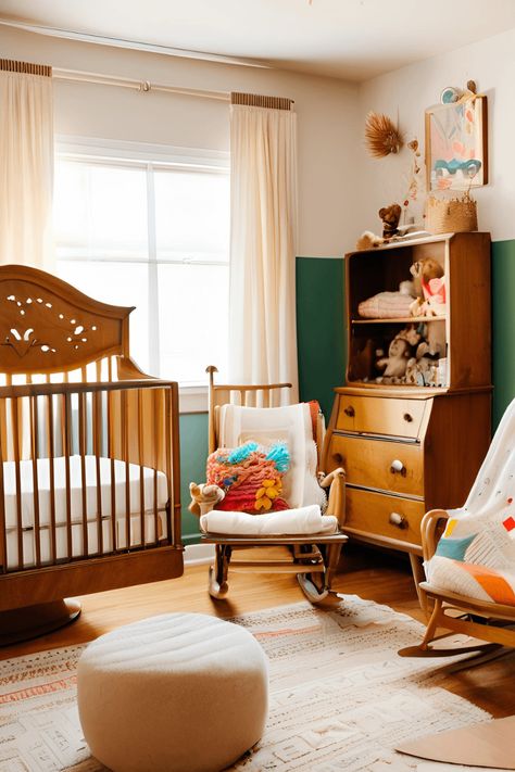 As we enter 2025, a fresh trend is emerging in nursery design: eclectic vintage aesthetic. This style departs from the stark, minimalist all-white look that has dominated design in recent years, opting for warm, comforting spaces that combine vintage... Wes Anderson Nursery, Thrifted Nursery, Retro Baby Nursery, Quirky Nursery, Funky Nursery, Retro Dresser, Eclectic Nursery, Antique Rocking Chairs, Nursery Room Ideas