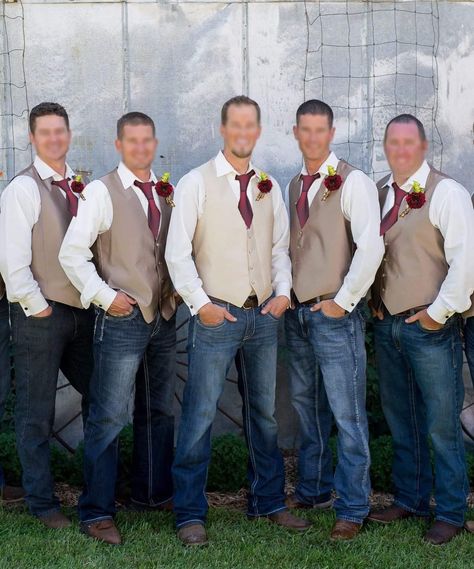 Maroon Groomsmen Attire Rustic, Navy And Burgundy Wedding Groomsmen Jeans, Casual Groom And Groomsmen Attire, Groomsman Jeans And Vest, Casual Wedding Outfit Groom Jeans, Western Wedding Groomsmen Jeans, Rust Groomsmen Attire Jeans, Bridal Party In Jeans, Burnt Orange Weddings Groomsmen Jeans